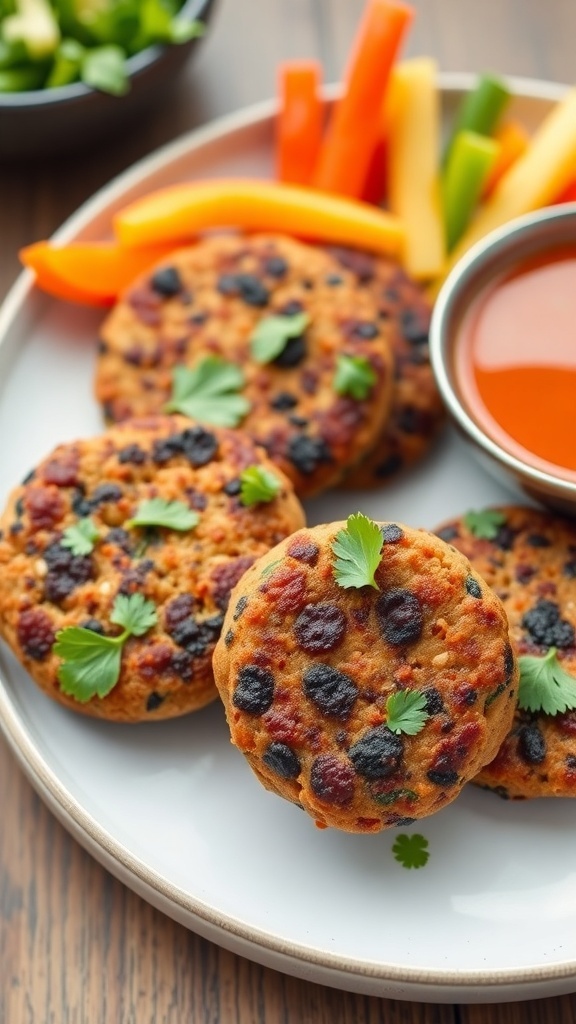 Golden brown black bean patties on a plate with vegetable sticks and dipping sauce.